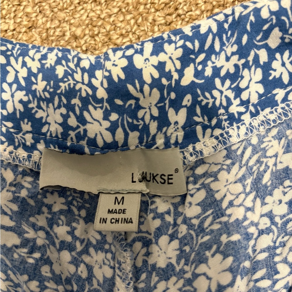Women's Wide Leg Blue and White  Floral Flowing BOHO Pants - Picture 3 of 10